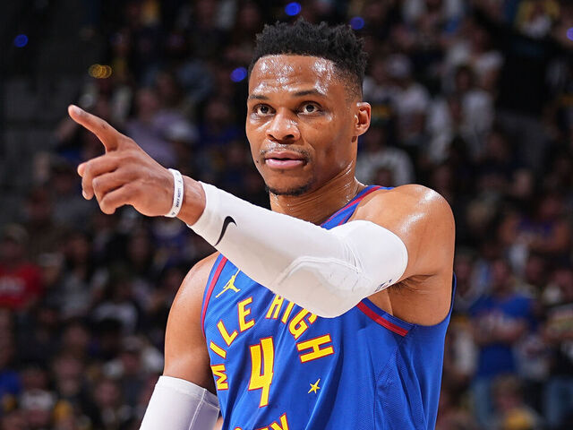 DENVER, CO - MAY 9: Russell Westbrook #4 of the Denver Nuggets reacts during Round Two, Game Three of the 2025 NBA Playoffs against the Oklahoma City Thunder on May 9, 2025 at Ball Arena in Denver, Colorado. NOTE TO USER: User expressly acknowledges and agrees that, by downloading and/or using this Photograph, user is consenting to the terms and conditions of the Getty Images License Agreement. Mandatory Copyright Notice: Copyright 2025 NBAE