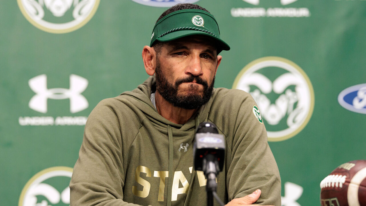FORT COLLINS, COLORADO - OCTOBER 10: Head coach Jay Norvell of the Colorado State Rams talks to media in a press conference after defeating the Fresno State Bulldogs at Canvas Stadium on October 10, 2025 in Fort Collins, Colorado.