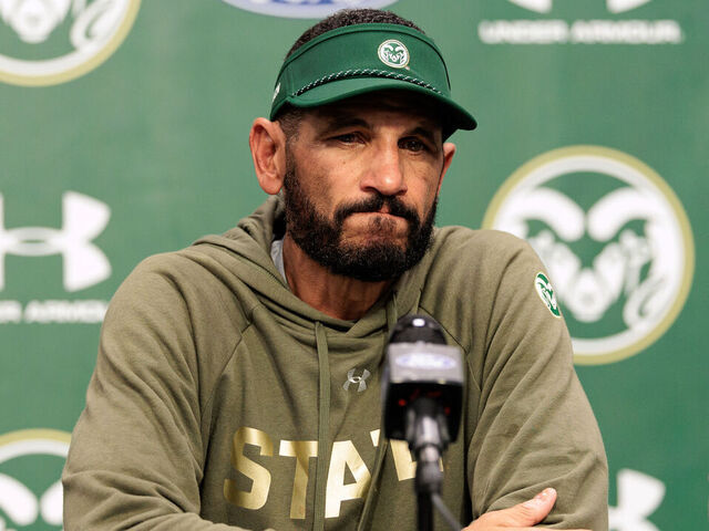 FORT COLLINS, COLORADO - OCTOBER 10: Head coach Jay Norvell of the Colorado State Rams talks to media in a press conference after defeating the Fresno State Bulldogs at Canvas Stadium on October 10, 2025 in Fort Collins, Colorado.