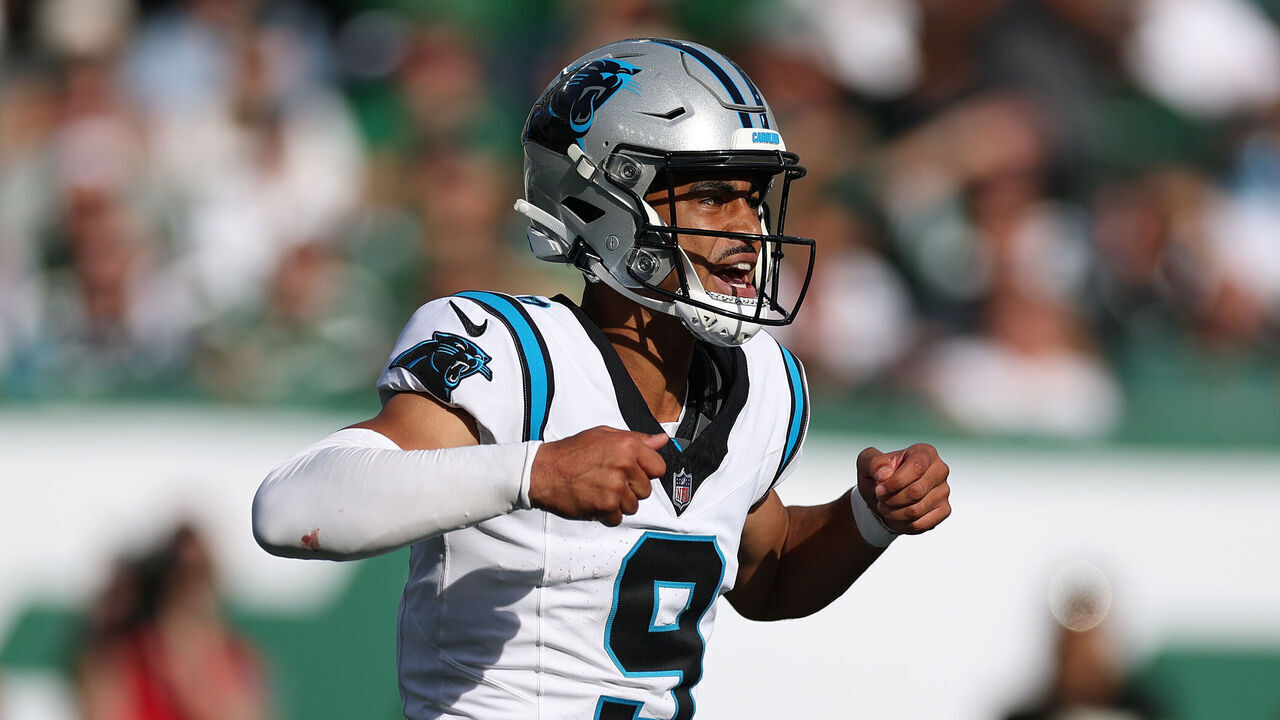 EAST RUTHERFORD, NEW JERSEY - OCTOBER 19: Bryce Young #9 of the Carolina Panthers reacts during the second half against the New York Jets in the game at MetLife Stadium on October 19, 2025 in East Rutherford, New Jersey.