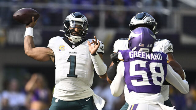 MINNEAPOLIS, MINNESOTA - OCTOBER 19: Jalen Hurts #1 of the Philadelphia Eagles throws a pass during the first quarter against the Minnesota Vikings in the game at U.S. Bank Stadium on October 19, 2025 in Minneapolis, Minnesota.