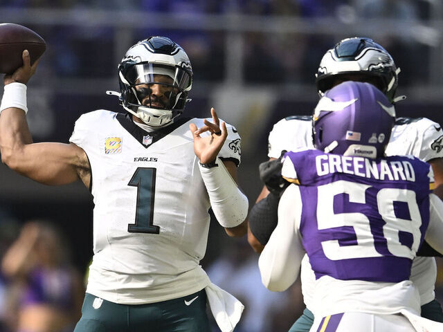 MINNEAPOLIS, MINNESOTA - OCTOBER 19: Jalen Hurts #1 of the Philadelphia Eagles throws a pass during the first quarter against the Minnesota Vikings in the game at U.S. Bank Stadium on October 19, 2025 in Minneapolis, Minnesota.