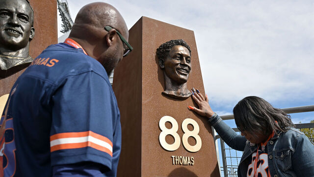 DENVER, CO - OCTOBER 19 : Demaryius Thomas parents, Bobby Thomas, left, and Katina Smith unveiled Demaryius' Ring of Fame pillar at Ring of Fame Plaza at Empower Field at Mile High in Denver, Colorado on Sunday, October 19, 2025.