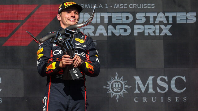 AUSTIN, TX - OCTOBER 19: Oracle Red Bull Racing driver Max Verstappen (1) of the Netherlands holds the championship trophy after winning the Formula 1 MSC Cruises United States Grand Prix on October 19, 2025, at Circuit of The Americas in Austin, Texas.