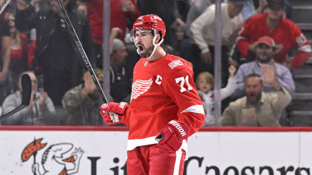 DETROIT, MI - OCTOBER 19: Detroit Red Wings C Dylan Larkin (71) celebrates his first goal during the game between Edmonton Oilers and Detroit Red Wings on October 19, 2025 at Little Caesars Arena in Detroit, MI
