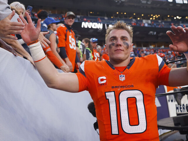 DENVER, COLORADO - OCTOBER 19: Bo Nix #10 of the Denver Broncos celebrates with fans after defeating the New York Giants 33-32 at Empower Field At Mile High on October 19, 2025 in Denver, Colorado.