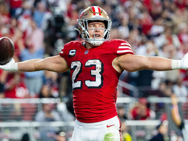 SANTA CLARA, CA - OCTOBER 19: Christian McCaffrey #23 of the San Francisco 49ers runs in a touchdown in the second quarter of a NFL game against the Atlanta Falcons on October 19, 2025 at Levi's Stadium in Santa Clara, CA.