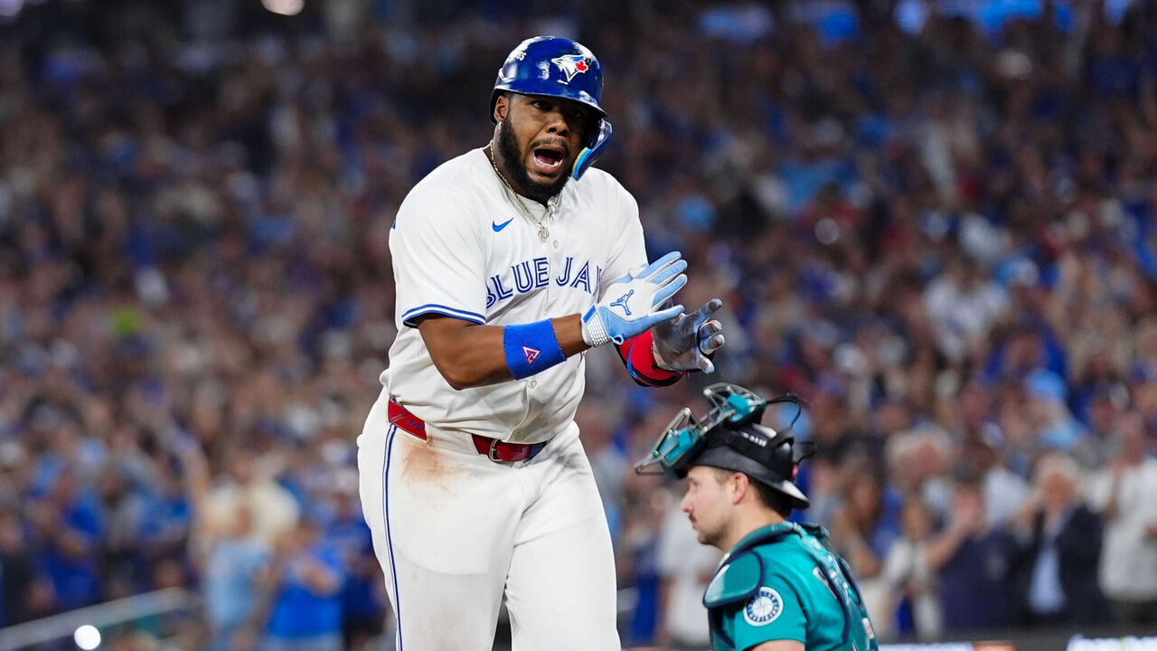 TORONTO, ON - OCTOBER 19: Vladimir Guerrero Jr. #27 of the Toronto Blue Jays celebrates while scoring after hitting a solo home run in the fifth inning during Game Six of the American League Championship Series presented by loanDepot between the Seattle Mariners and the Toronto Blue Jays at Rogers Centre on Sunday, October 19, 2025 in Toronto, Ontario, Canada.