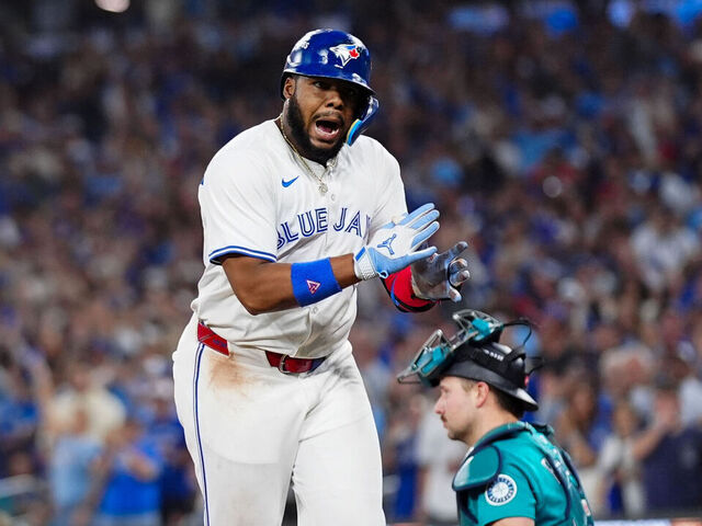 TORONTO, ON - OCTOBER 19: Vladimir Guerrero Jr. #27 of the Toronto Blue Jays celebrates while scoring after hitting a solo home run in the fifth inning during Game Six of the American League Championship Series presented by loanDepot between the Seattle Mariners and the Toronto Blue Jays at Rogers Centre on Sunday, October 19, 2025 in Toronto, Ontario, Canada.