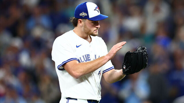 TORONTO, ONTARIO - OCTOBER 19: Trey Yesavage #39 of the Toronto Blue Jays reacts during the second inning against the Seattle Mariners in game six of the American League Championship Series at Rogers Centre on October 19, 2025 in Toronto, Ontario.
