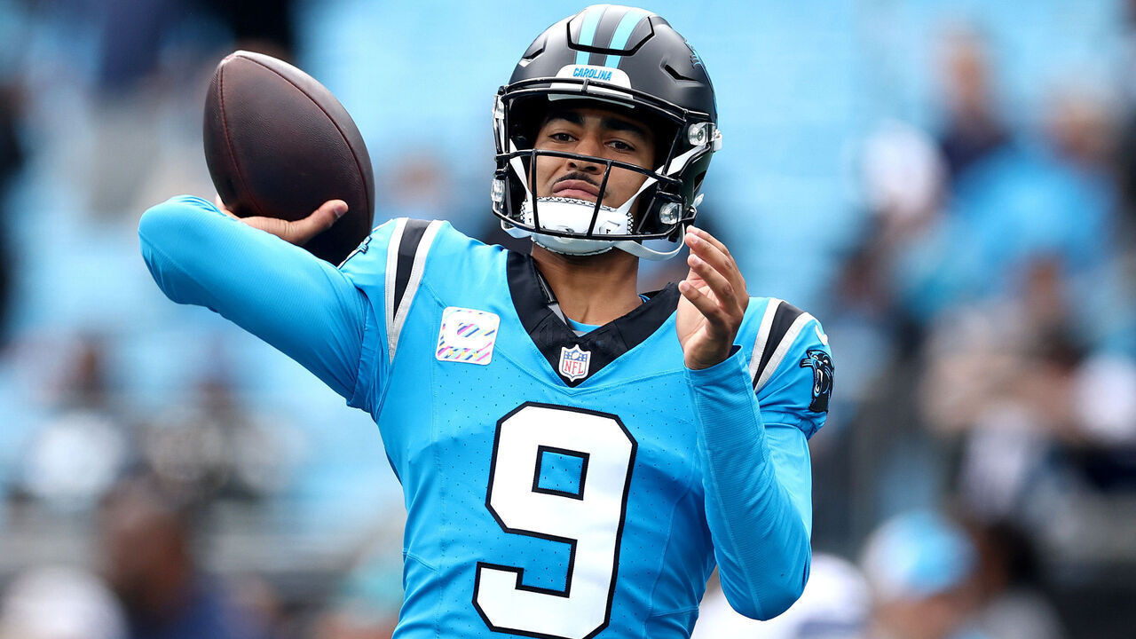 CHARLOTTE, NORTH CAROLINA - OCTOBER 12: Bryce Young #9 of the Carolina Panthers warms up prior to the game against the Dallas Cowboys at Bank of America Stadium on October 12, 2025 in Charlotte, North Carolina.