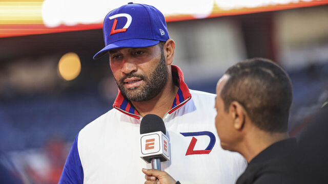 MEXICALI, MEXICO - FEBRUARY 7: Albert Pujols manager of Dominican Republic in an interview with Enrique Rojas of ESPN before the game between Dominican Republic and Mexico as part of the Serie Del Caribe 2025 at Estadio El Nido De Los Aguila on February 7, 2025 in Mexicali, Mexico.