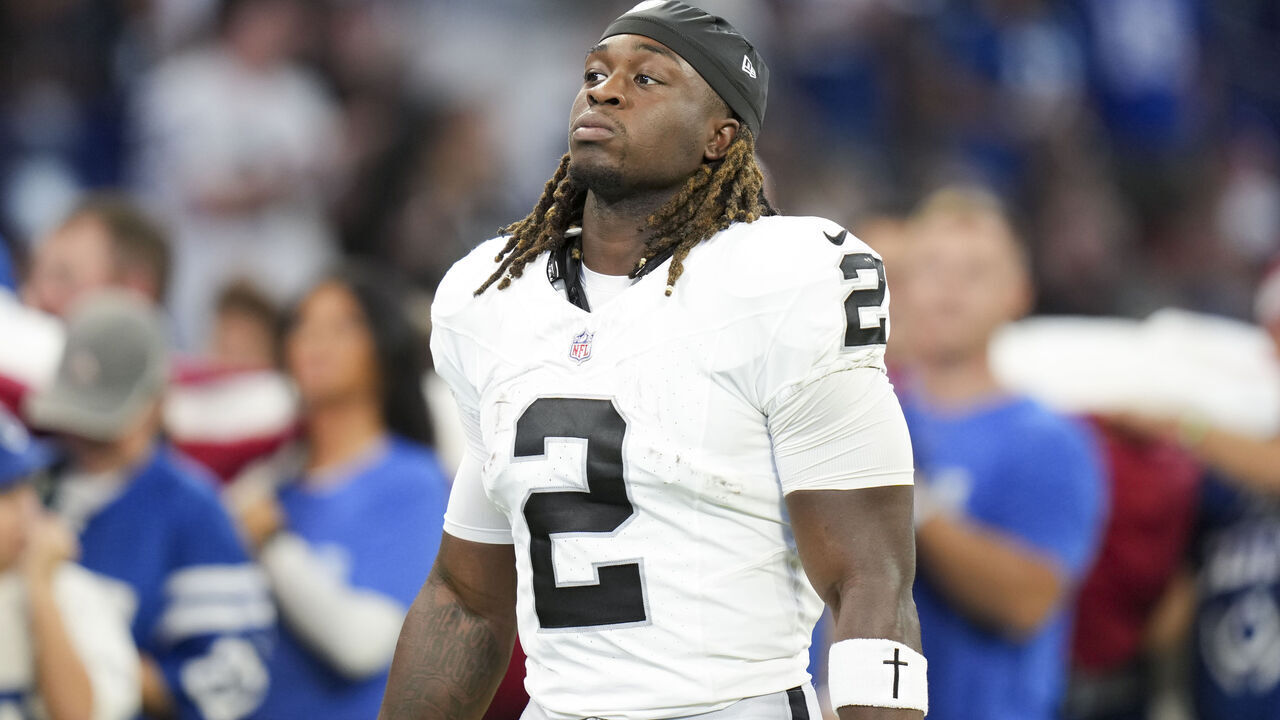 INDIANAPOLIS, INDIANA - OCTOBER 5: Ashton Jeanty #2 of the Las Vegas Raiders looks on prior to an NFL football game against the Indianapolis Colts at Lucas Oil Stadium on October 5, 2025 in Indianapolis, IN.