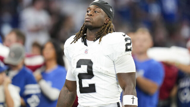 INDIANAPOLIS, INDIANA - OCTOBER 5: Ashton Jeanty #2 of the Las Vegas Raiders looks on prior to an NFL football game against the Indianapolis Colts at Lucas Oil Stadium on October 5, 2025 in Indianapolis, IN.