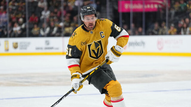 LAS VEGAS, NEVADA - OCTOBER 08: Mark Stone #61 of the Vegas Golden Knights skates during the third period against the Los Angeles Kings at T-Mobile Arena on October 08, 2025 in Las Vegas, Nevada.