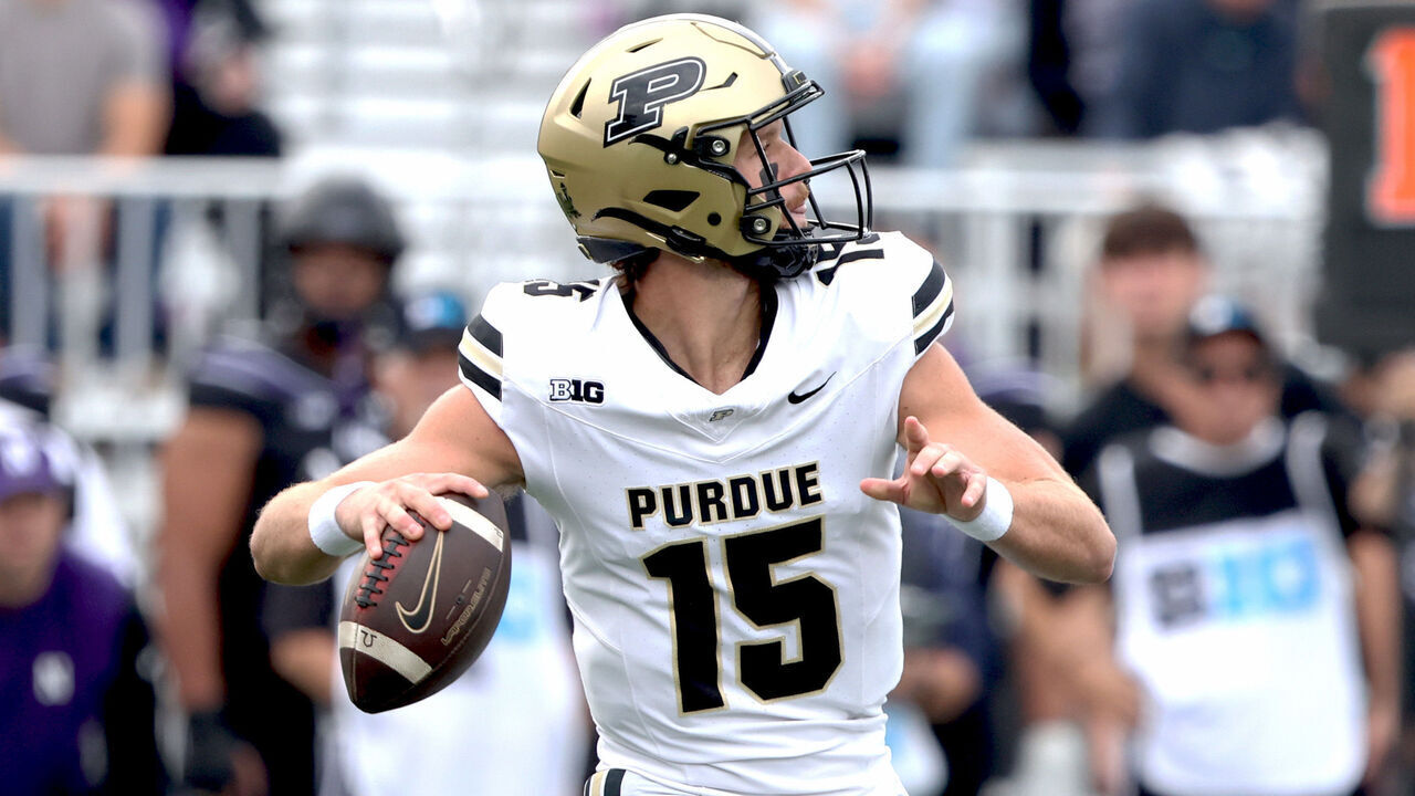 EVANSTON, ILLINOIS - OCTOBER 18: Ryan Browne #15 of the Purdue Boilermakers passes the ball during the first half of the game against the Northwestern Wildcats at Martin Stadium on October 18, 2025 in Evanston, Illinois.