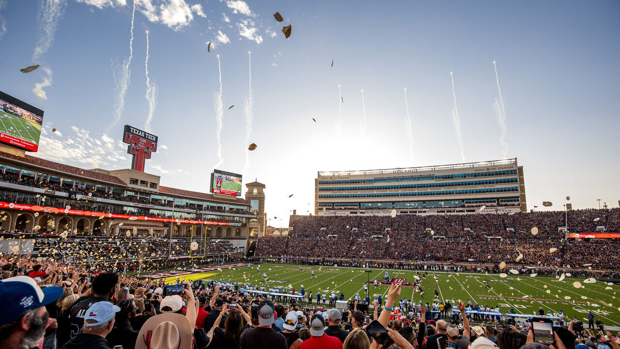 LUBBOCK, TEXAS - OCTOBER 11: Texas Tech fans throw tortillas in the air during the opening kickoff in the first half of the game between the Texas Tech Red Raiders and the Kansas Jayhawks at Jones AT&T Stadium on October 11, 2025 in Lubbock, Texas.