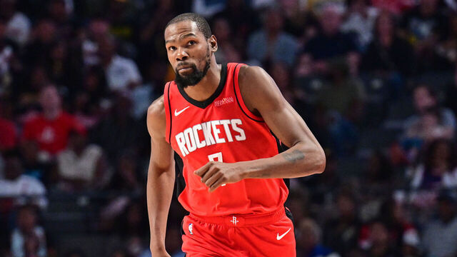 BIRMINGHAM, AL - OCTOBER 14: Kevin Durant #7 of the Houston Rockets looks on during the game against the New Orleans Pelicans during Preseason on October 14, 2025 at Legacy Arena at the BJCC in Birmingham, Alabama. NOTE TO USER: User expressly acknowledges and agrees that, by downloading and/or using this Photograph, user is consenting to the terms and conditions of the Getty Images License Agreement. Mandatory Copyright Notice: Copyright 2025 NBAE