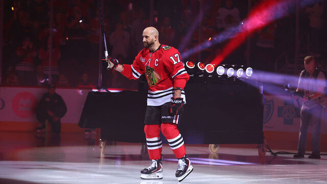 CHICAGO, IL - OCTOBER 11: Nick Foligno #17 of the Chicago Blackhawks is introduced prior to a game against the Montreal Canadiens on October 11, 2025 at the United Center in Chicago, Illinois.