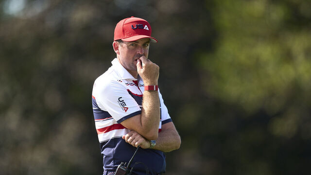 FARMINGDALE, NEW YORK - SEPTEMBER 28: Captain Keegan Bradley of Team United States looks on during the Sunday singles matches of the 2025 Ryder Cup at Black Course at Bethpage State Park Golf Course on September 28, 2025 in Farmingdale, New York.