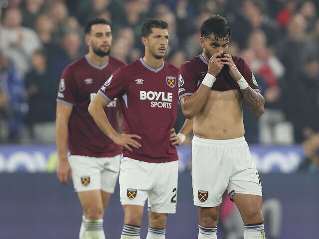 LONDON, ENGLAND - OCTOBER 20: Lucas Paqueta of West Ham United looks dejected after West Ham United go 2-0 down during the Premier League match between West Ham United and Brentford at London Stadium on October 20, 2025 in London, England.