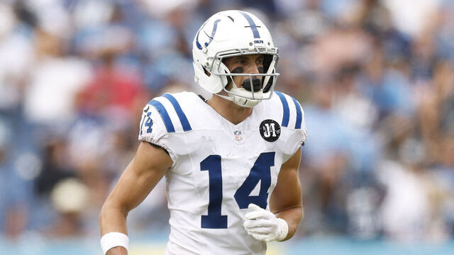 NASHVILLE, TENNESSEE - SEPTEMBER 21: Alec Pierce #14 of the Indianapolis Colts looks on during the second quarter of the NFL 2025 game against the Tennessee Titans at Nissan Stadium on September 21, 2025 in Nashville, Tennessee.