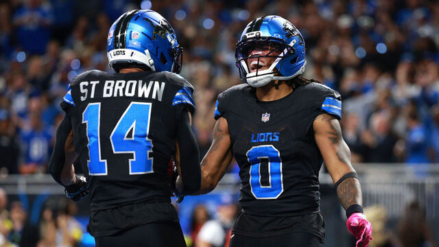 DETROIT,MICHIGAN-OCTOBER 20: Detroit Lions running back Jahmyr Gibbs #0 celebrates with Detroit Lions wide receiver Amon-Ra St. Brown #14 after his touchdown uring the first half of an NFL football game between the Tampa Bay Buccanners and the Detroit Lions in Detroit, Michigan USA, on Monday, October 20, 2025