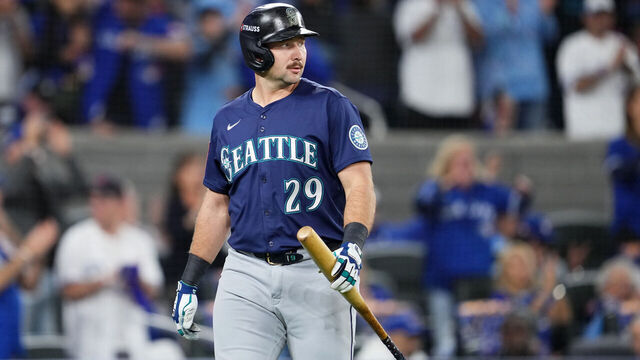 TORONTO, ONTARIO - OCTOBER 20: Cal Raleigh #29 of the Seattle Mariners looks on after striking out during the first inning against the Toronto Blue Jays in game seven of the American League Championship Series at the Rogers Centre on October 20, 2025 in Toronto, Ontario.