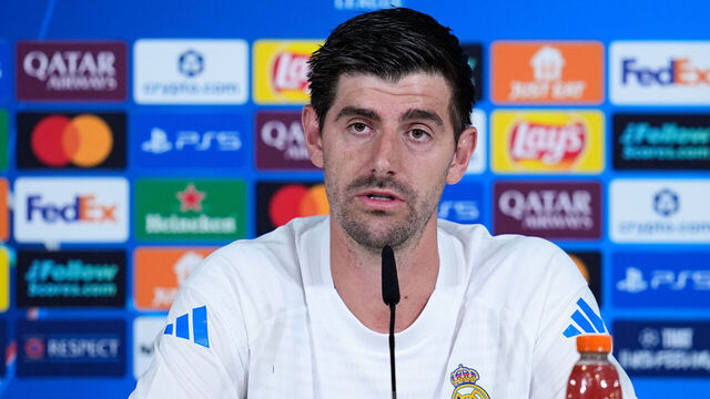VALDEBEBAS, SPAIN - OCTOBER 21: Thibaut Courtois attends a press conference ahead of the UEFA Champions League 2025/26 match against Juventus FC at Ciudad Deportiva Real Madrid on October 21, 2025, in Valdebebas, Madrid, Spain.