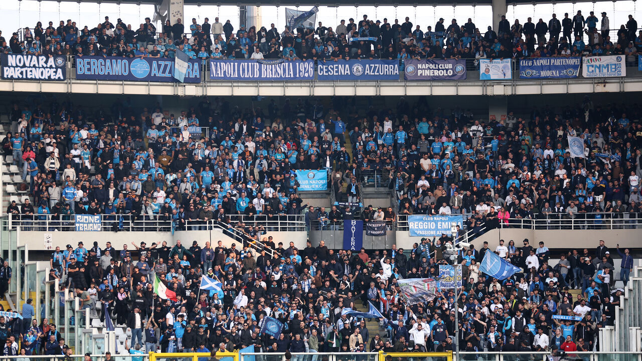 Turin, Italy - October 18: Supporters of Ssc Napoli are seen during the Serie A match between Torino FC and SSC Napoli at Olimpico on October 18, 2025 in Turin, Italy.