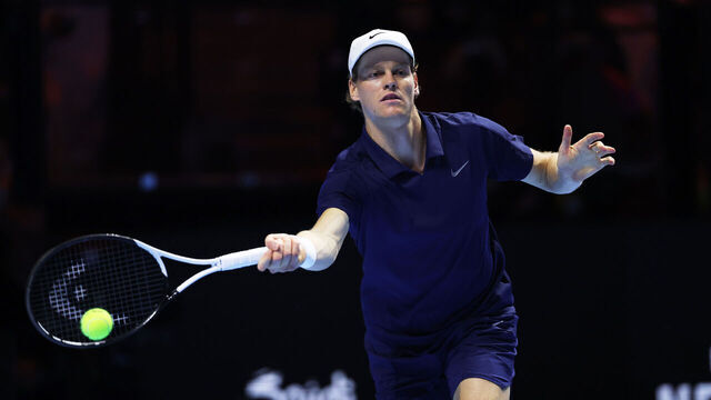 RIYADH, SAUDI ARABIA - OCTOBER 18: Jannik Sinner of Italy plays a forehand shot against Carlos Alcaraz of Spain (not pictured) during the Men's Single's Final on day three of the Six Kings Slam 2025 at ANB Arena on October 18, 2025 in Riyadh, Saudi Arabia.