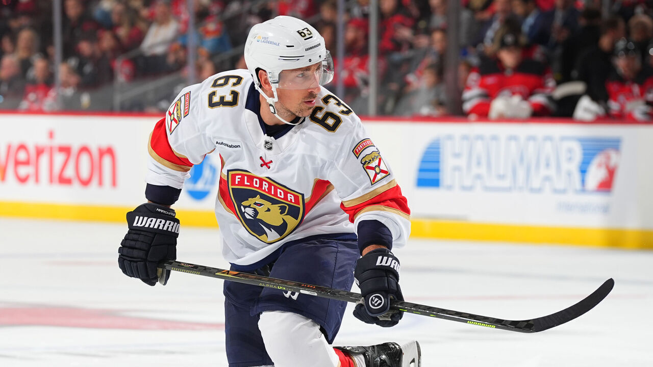 NEWARK, NJ - OCTOBER 16: Brad Marchand #63 of the Florida Panthers skates in the second period of the game against the New Jersey Devils at Prudential Center on October 16, 2025 in Newark, New Jersey.