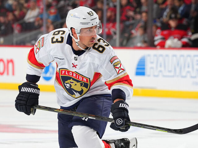 NEWARK, NJ - OCTOBER 16: Brad Marchand #63 of the Florida Panthers skates in the second period of the game against the New Jersey Devils at Prudential Center on October 16, 2025 in Newark, New Jersey.