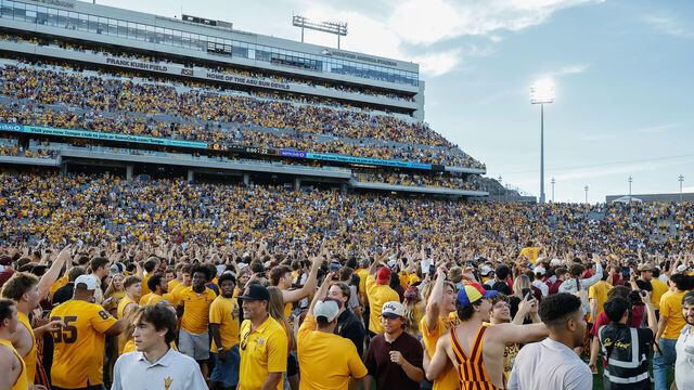 TEMPE, AZ - OCTOBER 18: Fans run onto the field after The Arizona State Sun Devils win after the college football game between the Texas Tech Red Raiders and the Arizona State Sun Devils on October 17, 2025 at Mountain America Stadium in Tempe, Arizona.