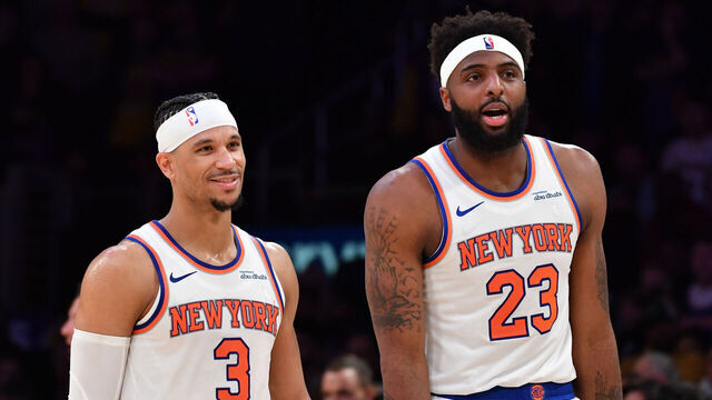 LOS ANGELES, CA - MARCH 6: Josh Hart #3 and Mitchell Robinson #23 of the New York Knicks look on during the game against the Los Angeles Lakers on March 6, 2025 at Crypto.Com Arena in Los Angeles, California. NOTE TO USER: User expressly acknowledges and agrees that, by downloading and/or using this Photograph, user is consenting to the terms and conditions of the Getty Images License Agreement. Mandatory Copyright Notice: Copyright 2025 NBAE