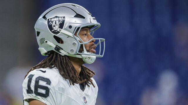 INDIANAPOLIS, INDIANA - OCTOBER 5: Jakobi Meyers #16 of the Las Vegas Raiders warms up before the NFL 2025 game between Las Vegas Raiders and Indianapolis Colts at Lucas Oil Stadium on October 5, 2025 in Indianapolis, Indiana.