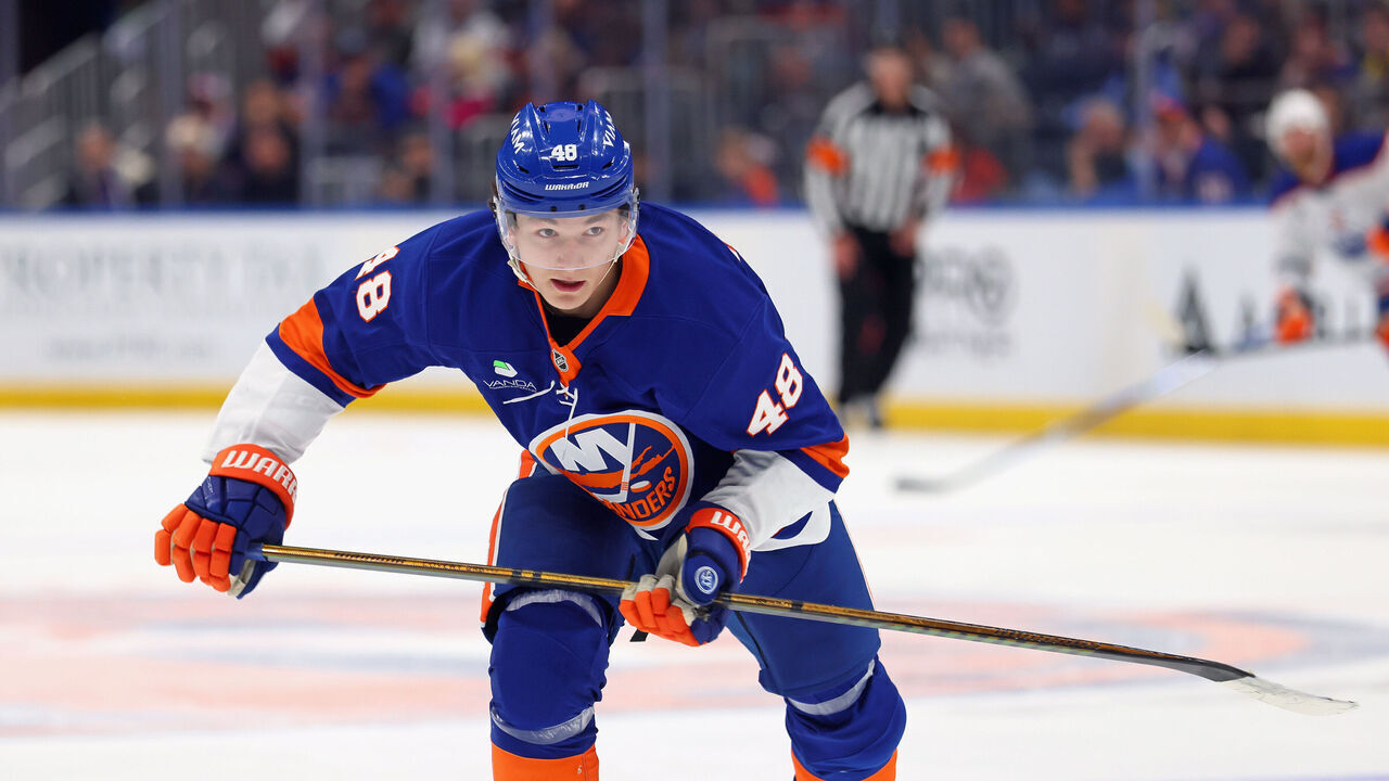 ELMONT, NEW YORK - OCTOBER 16: Matthew Schaefer #48 of the New York Islanders skates against the Edmonton Oilers at UBS Arena on October 16, 2025 in Elmont, New York. The Islanders defeated the Oilers 4-2.