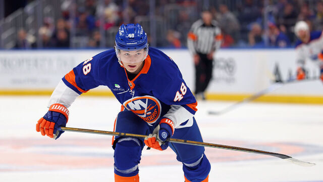 ELMONT, NEW YORK - OCTOBER 16: Matthew Schaefer #48 of the New York Islanders skates against the Edmonton Oilers at UBS Arena on October 16, 2025 in Elmont, New York. The Islanders defeated the Oilers 4-2.