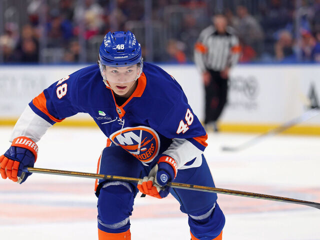 ELMONT, NEW YORK - OCTOBER 16: Matthew Schaefer #48 of the New York Islanders skates against the Edmonton Oilers at UBS Arena on October 16, 2025 in Elmont, New York. The Islanders defeated the Oilers 4-2.
