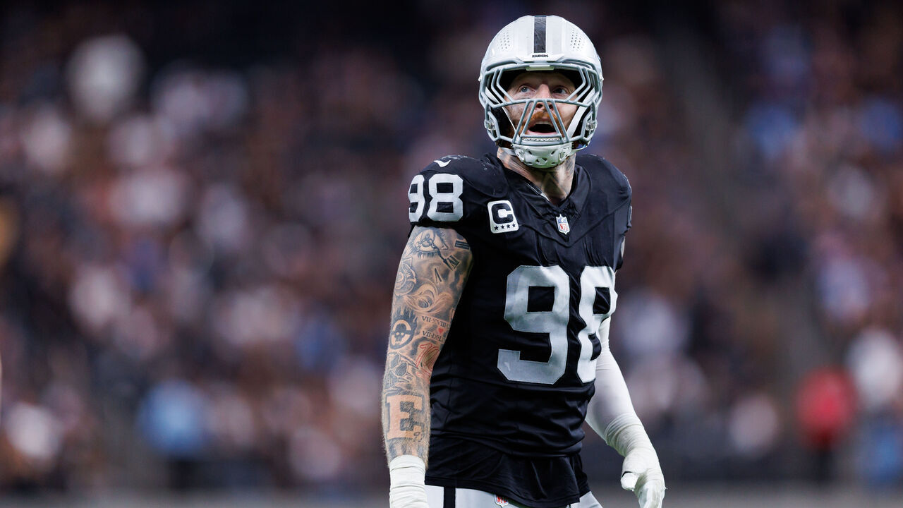 LAS VEGAS, NEVADA - OCTOBER 12: Maxx Crosby #98 of the Las Vegas Raiders reacts during the second half of an NFL football game against the Tennessee Titans at Allegiant Stadium on October 12, 2025 in Las Vegas, Nevada.