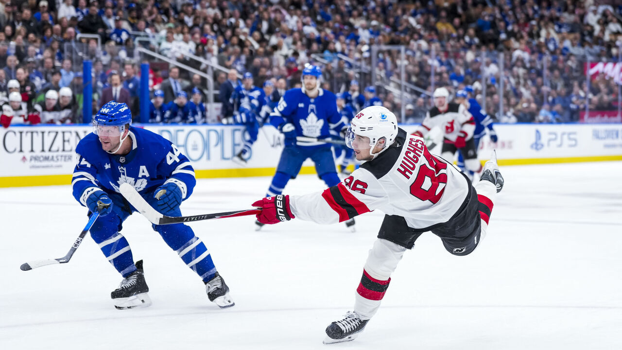 TORONTO, CANADA - OCTOBER 21: Jack Hughes #86 of the New Jersey Devils scores a goal during the second period against the Toronto Maple Leafs at the Scotiabank Arena on October 21, 2025 in Toronto, Ontario, Canada.
