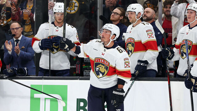 BOSTON, MA - OCTOBER 21: Brad Marchand #63 of the Florida Panthers thanks the crowd as a video tribute is shown during a game between the Boston Bruins and the Florida Panthers on October 21, 2025, at TD Garden in Boston, Massachusetts.