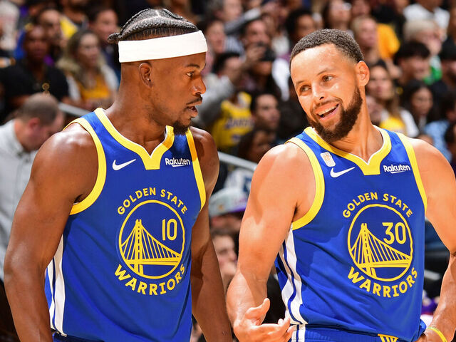 LOS ANGELES, CA - OCTOBER 21: Jimmy Butler III #10 and Stephen Curry #30 talks before the game against the Los Angeles Lakers on October 21, 2025 at Crypto.Com Arena in Los Angeles, California. NOTE TO USER: User expressly acknowledges and agrees that, by downloading and/or using this Photograph, user is consenting to the terms and conditions of the Getty Images License Agreement. Mandatory Copyright Notice: Copyright 2025 NBAE