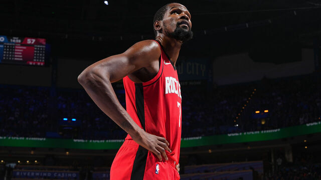 OKLAHOMA CITY, OK - OCTOBER 21: Kevin Durant #7 of the Houston Rockets looks on during the game against the Oklahoma City Thunder on October 21, 2025 at Paycom Center in Oklahoma City, Oklahoma. Mandatory Copyright Notice: Copyright 2025 NBAE