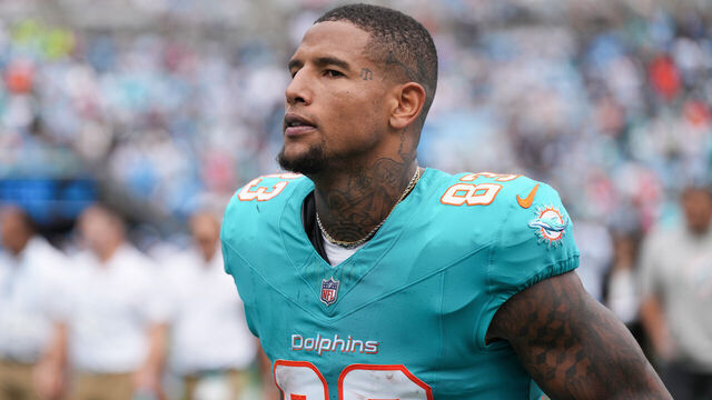 CHARLOTTE, NORTH CAROLINA - OCTOBER 05: Darren Waller #83 of the Miami Dolphins looks on in the game against the Carolina Panthers at Bank of America Stadium on October 05, 2025 in Charlotte, North Carolina.