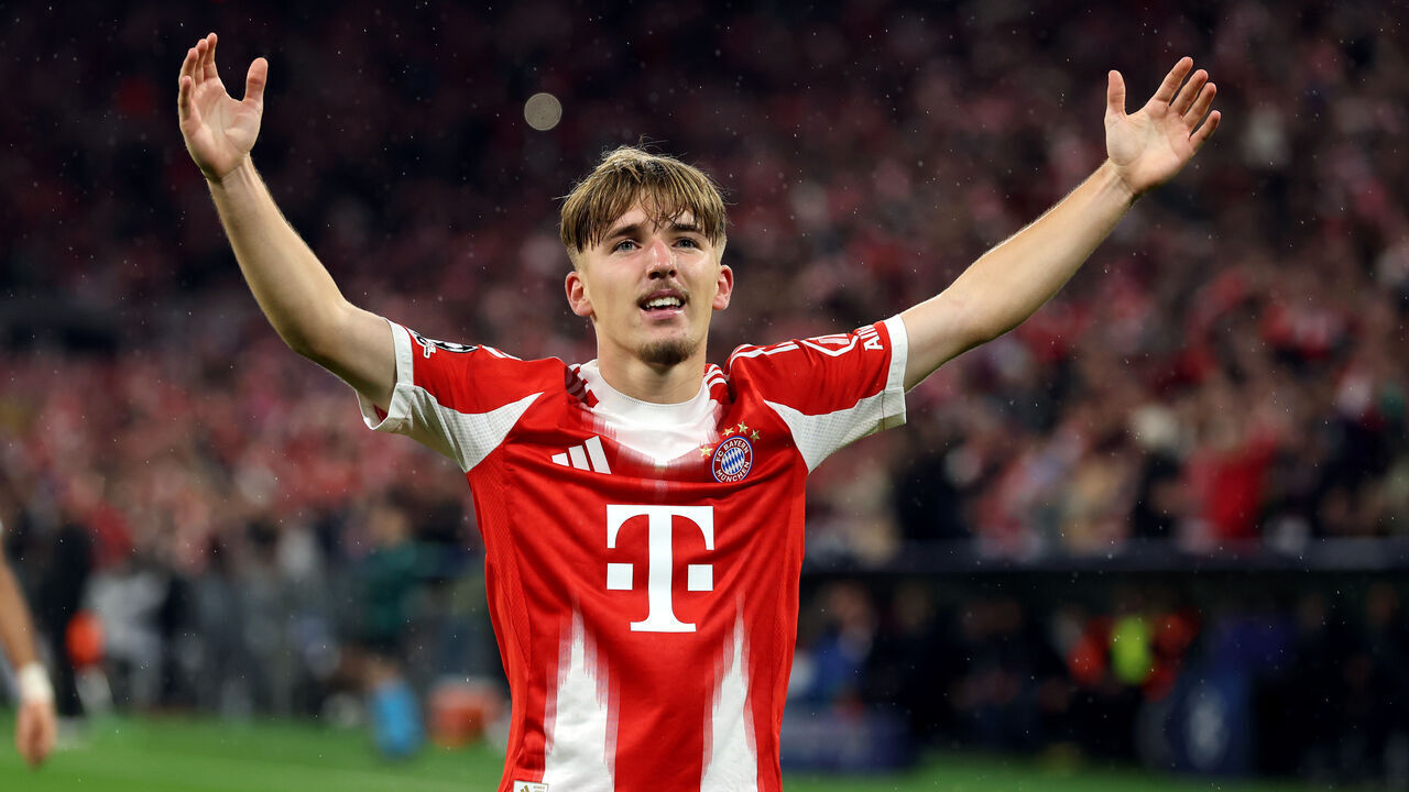 MUNICH, GERMANY - OCTOBER 22: Lennart Karl of Bayern Munich celebrates scoring his team's first goal during the UEFA Champions League 2025/26 League Phase MD3 match between FC Bayern München and Club Brugge KV at Football Arena Munich on October 22, 2025 in Munich, Germany.