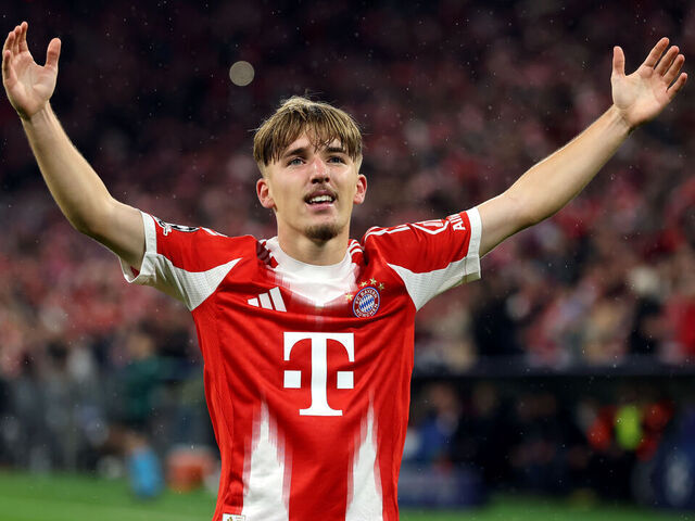 MUNICH, GERMANY - OCTOBER 22: Lennart Karl of Bayern Munich celebrates scoring his team's first goal during the UEFA Champions League 2025/26 League Phase MD3 match between FC Bayern München and Club Brugge KV at Football Arena Munich on October 22, 2025 in Munich, Germany.