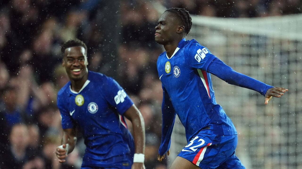 Chelsea's Tyrique George (right) celebrates scoring their side's fifth goal of the game during the UEFA Champions League match at Stamford Bridge, London. Picture date: Wednesday October 22, 2025.