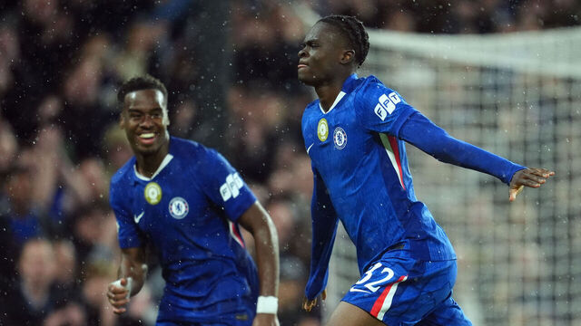 Chelsea's Tyrique George (right) celebrates scoring their side's fifth goal of the game during the UEFA Champions League match at Stamford Bridge, London. Picture date: Wednesday October 22, 2025.