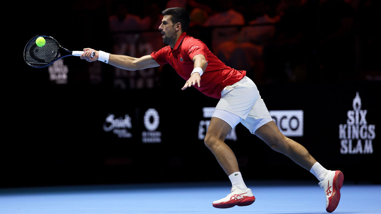 RIYADH, SAUDI ARABIA - OCTOBER 16: Novak Djokovic of Serbia plays a forehand against Jannik Sinner of Italy in their semifinal match during day two of the Six Kings Slam 2025 at ANB Arena on October 16, 2025 in Riyadh, Saudi Arabia.